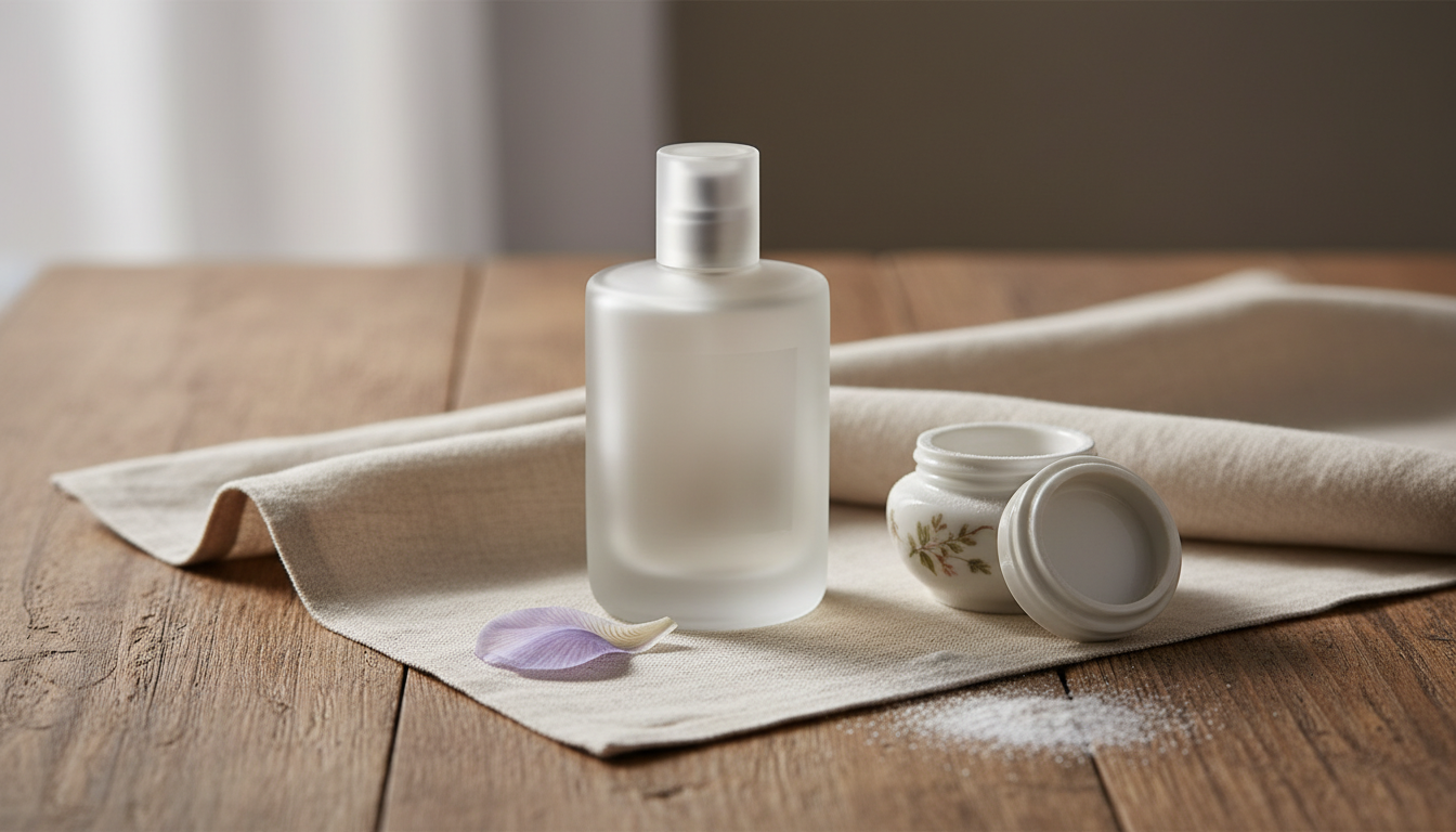 Natureza morta editorial com frasco de perfume fosco sobre tecido de linho, pote de talco aberto com leve pó branco e uma pétala de íris ao lado.