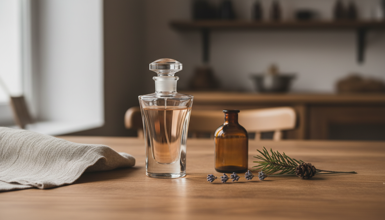 Frasco de perfume elegante sobre mesa de madeira com ramo de lavanda e raminho de pinho, garrafinha âmbar e tecido de linho, em luz natural suave.