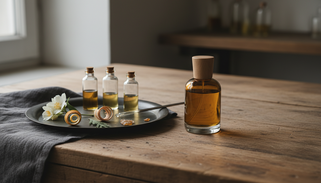 Natureza‑morta editorial de ateliê de perfumaria: frasco âmbar com tampa de madeira sobre bancada de madeira, frascos-ampolas com óleos, jasmim, casca de cítrico e lascas de madeira, luz natural suave.