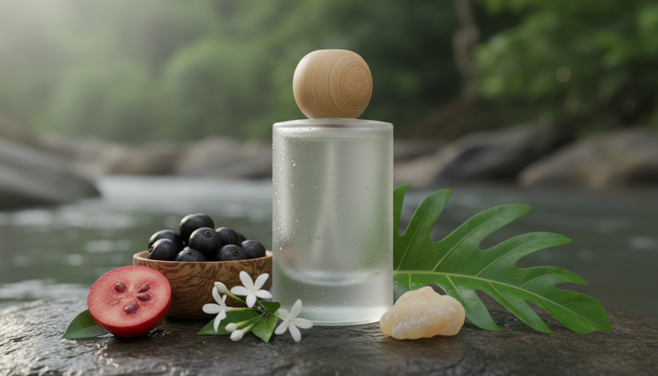 Frasco de perfume sem marca sobre pedra molhada, rodeado por pitanga cortada, tigela com açaí, ramo de jasmim e pedaço de breu branco em luz natural editorial.