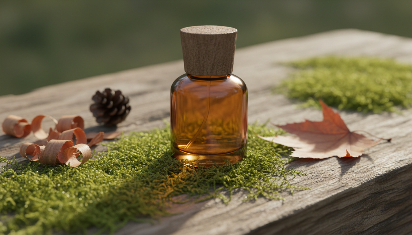 Frasco de perfume âmbar com tampa de madeira sobre um leito de musgo, com lascas de cedro, pinha e uma folha de bordo ao lado, iluminação natural suave.