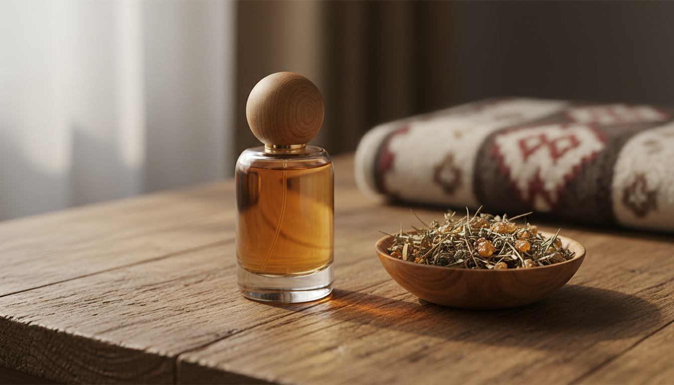 Frasco de perfume em vidro âmbar sobre mesa de madeira, ao lado de uma tigela com ervas secas e um pedaço de tecido tradicional cazaque desfocado ao fundo.