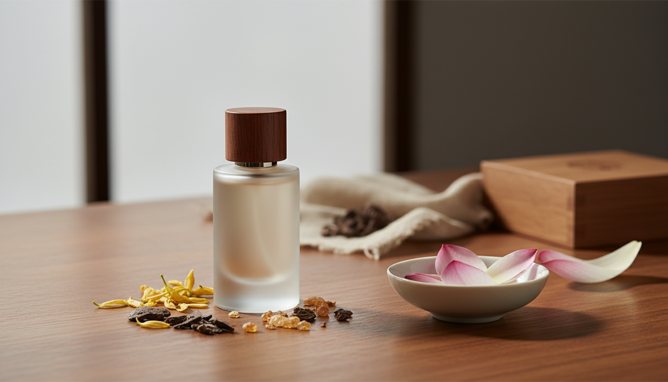 Frasco de perfume contemporâneo sobre mesa de madeira rodeado por pétalas de osmanthus, lascas de agarwood e uma tigela de porcelana com pétalas de lótus, em composição editorial.