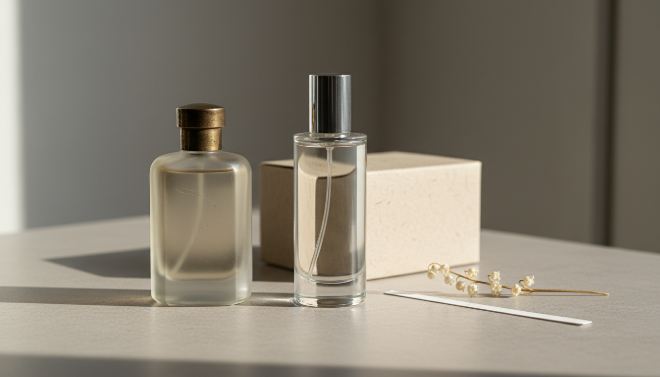 Duas embalagens de perfume sem marca lado a lado sobre superfície texturizada: um frasco clássico envelhecido e um frasco moderno de relançamento com caixa eco‑friendly, com um pequeno ramo seco e uma tira de papel ao lado, iluminação natural suave.