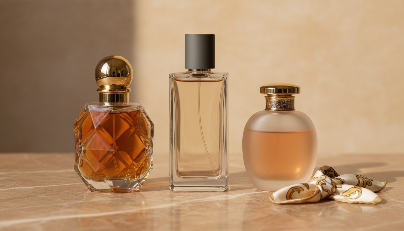 Trio de frascos de perfume vintage sem rótulos sobre superfície de mármore com lenço de seda, iluminação editorial quente e fundo levemente desfocado