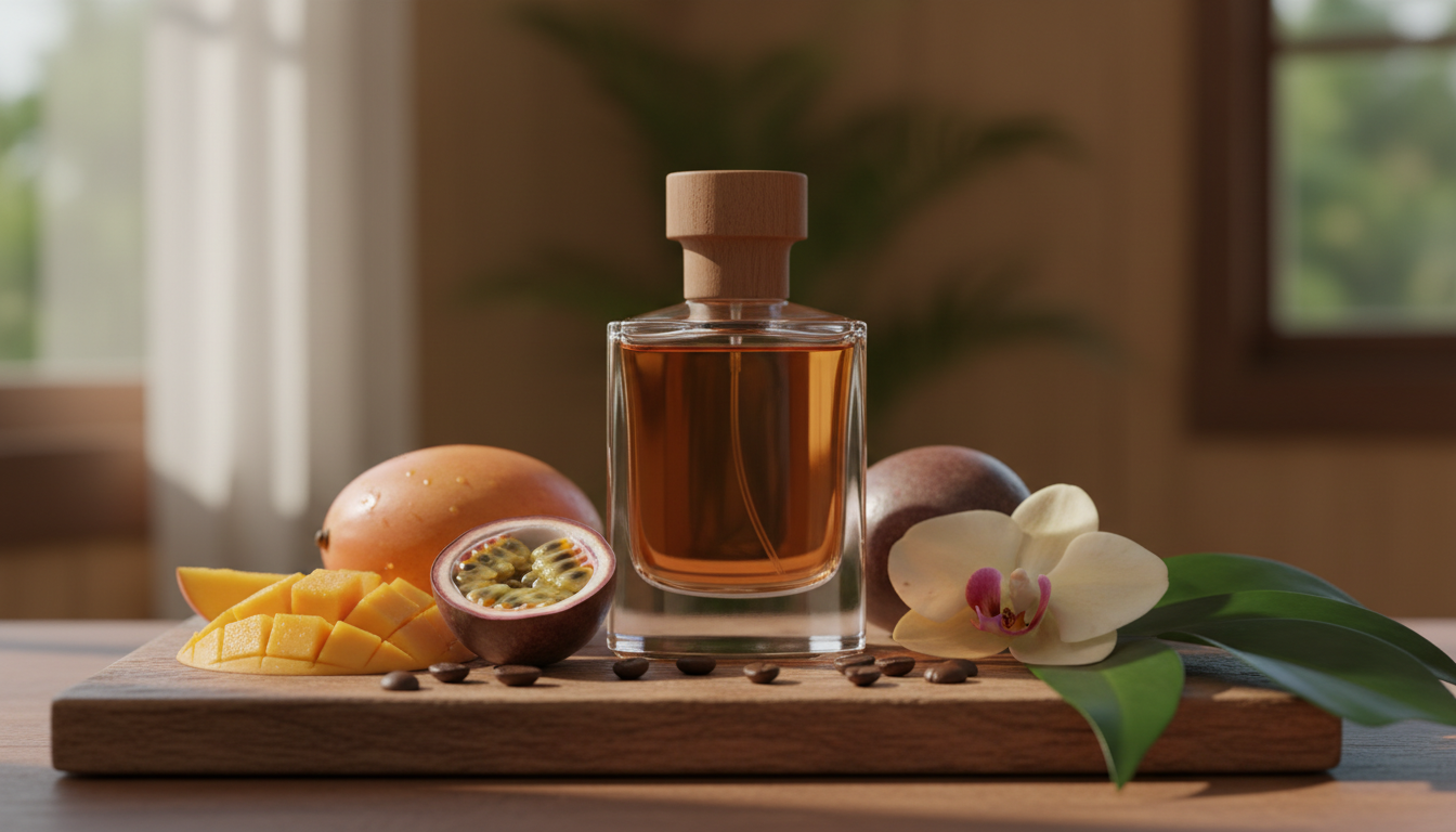 Frasco de perfume artesanal sobre tábua de madeira com fatias de manga, maracujá cortado, grãos de café e uma orquídea, em luz natural editorial.