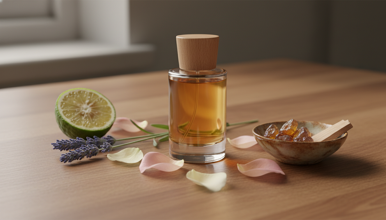 Frasco âmbar de perfume sobre mesa de madeira, rodeado por lavanda, meia bergamota, pétalas de rosa e uma tigela com resina e pedaço de sândalo, iluminação natural suave.