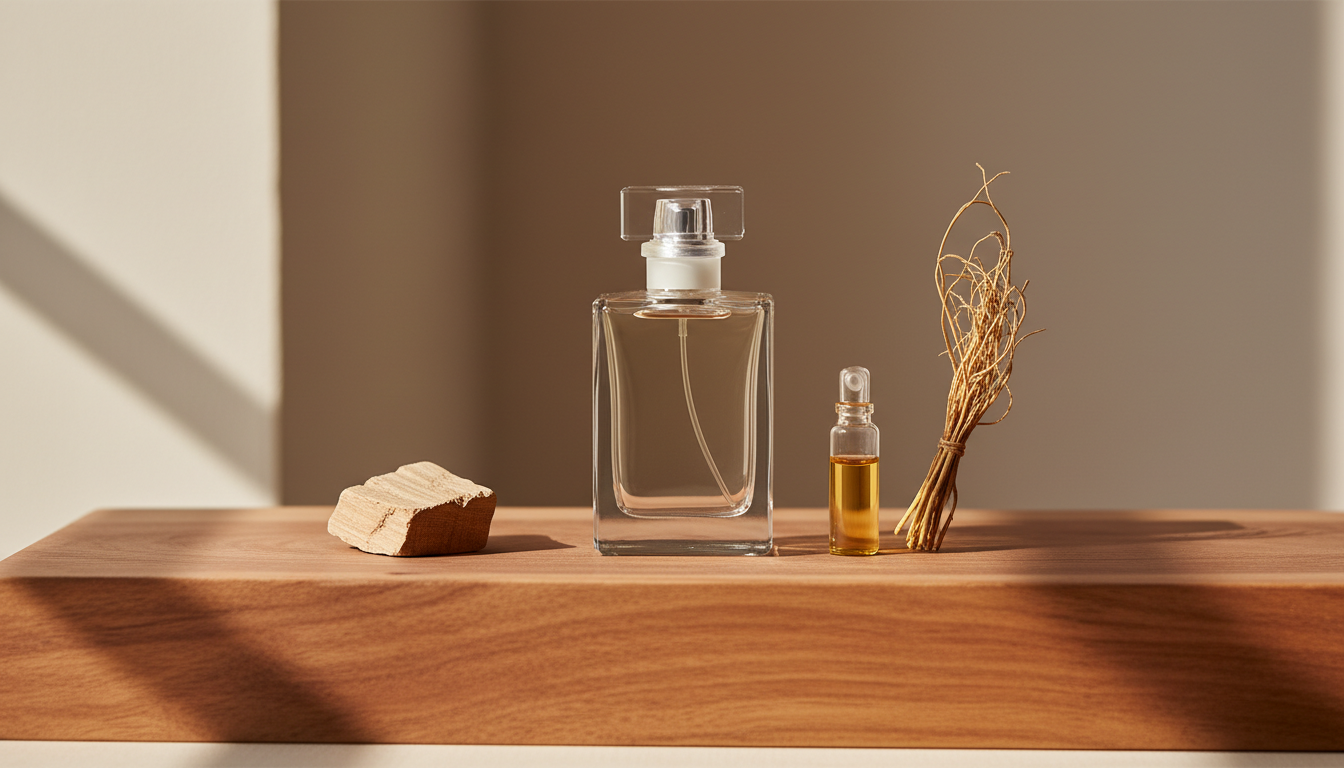 Garrafa de perfume sem rótulo apoiada em um bloco de cedro, com pedaço de sândalo, tufo de vetiver e um pequeno frasco de óleo âmbar, iluminação natural quente.