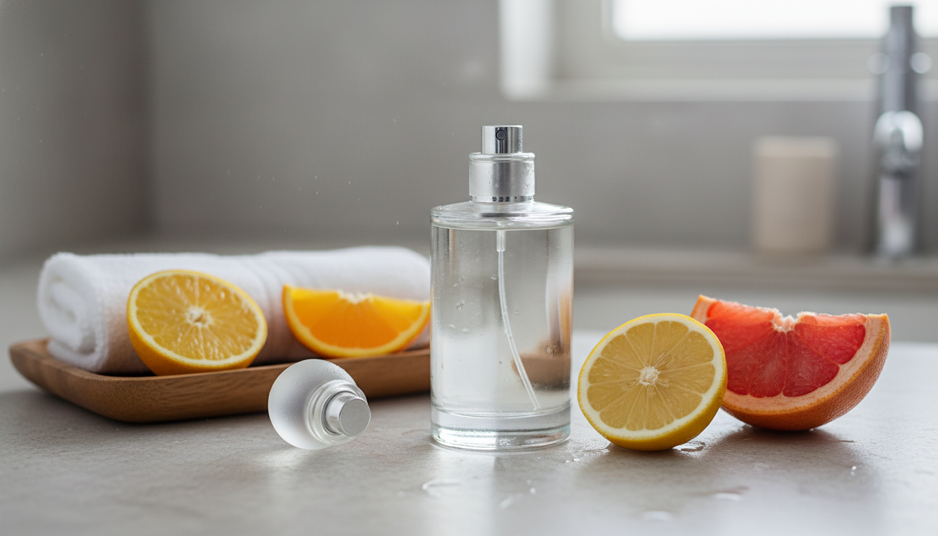 Still-life editorial: frasco de perfume sem marca com condensação sobre bancada de pedra, ao lado de fatias de limão, bergamota e grapefruit e uma toalha branca dobrada.