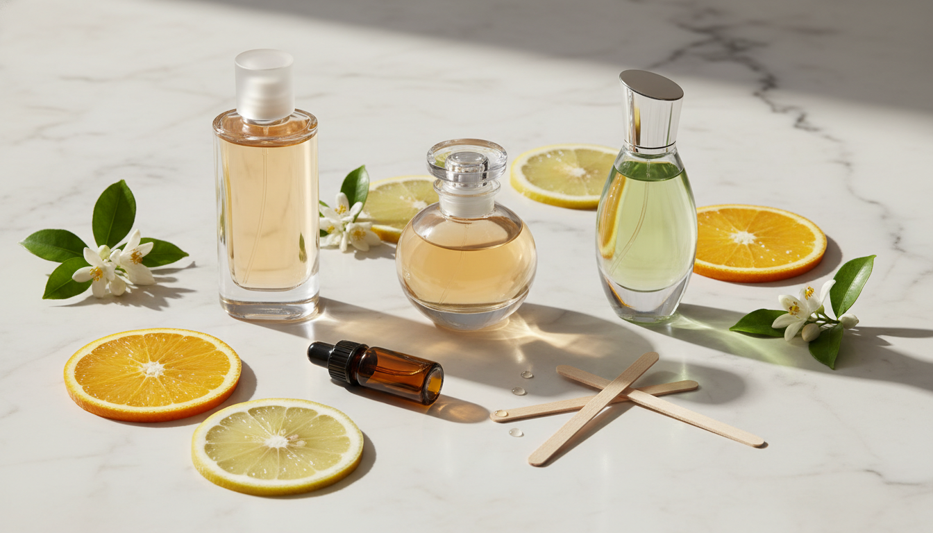 Still life editorial: três frascos de perfume sem rótulos sobre mármore, fatias de bergamota e laranja, flores de flor-de-laranjeira e tiras olfativas com gotículas.