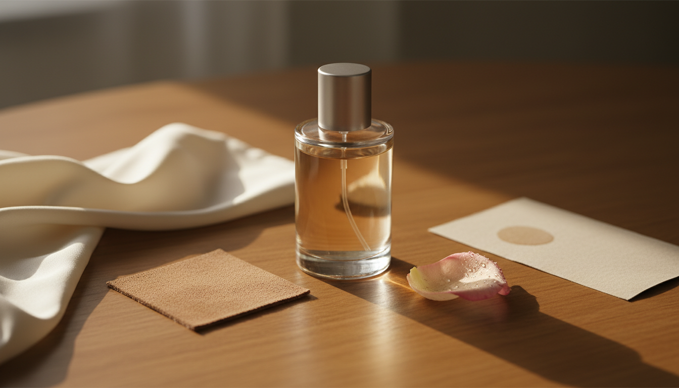 Natureza-morta editorial: frasco de perfume premium sobre mesa de madeira, com dobra de seda cremosa, pedaço de camurça, pétala de rosa com orvalho e uma tira de blotter ao lado, iluminação natural suave.