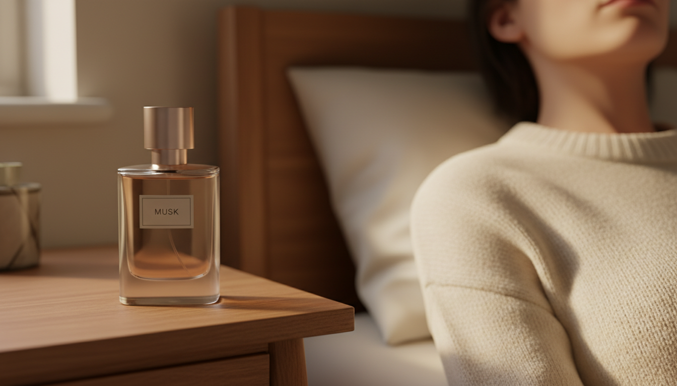Frasco de perfume de vidro fosco sobre mesa de madeira em primeiro plano; ombro e nuca de pessoa com suéter de cashmere ao fundo, desfocados, luz natural quente.