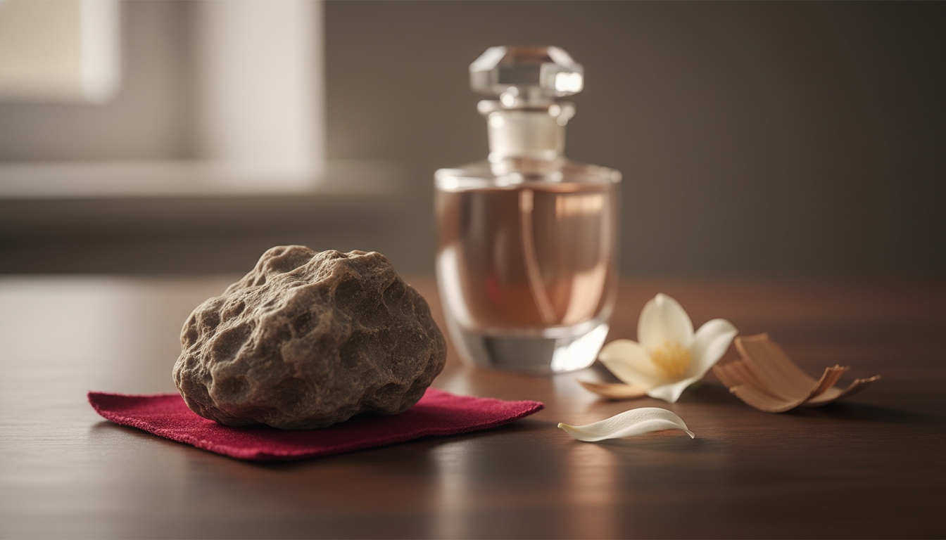 Peça de âmbar cinzento sobre mesa de madeira escura, com frasco de perfume vintage desfocado e elementos olfativos (pétala de jasmim e lasca de madeira) ao lado.