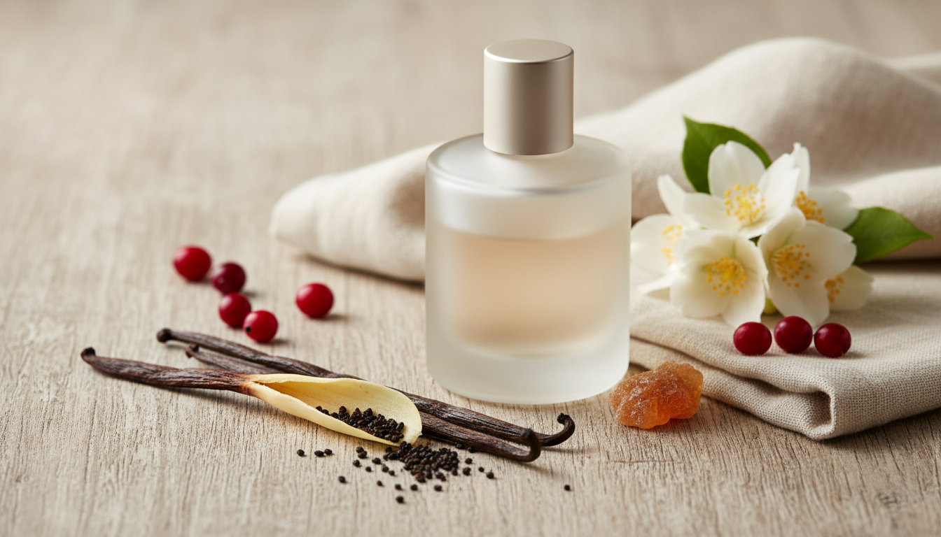 Frasco de perfume sem rótulo sobre mesa texturizada, fava de baunilha aberta com sementes visíveis em primeiro plano, flor de jasmim e bagas vermelhas ao lado, iluminação natural suave.