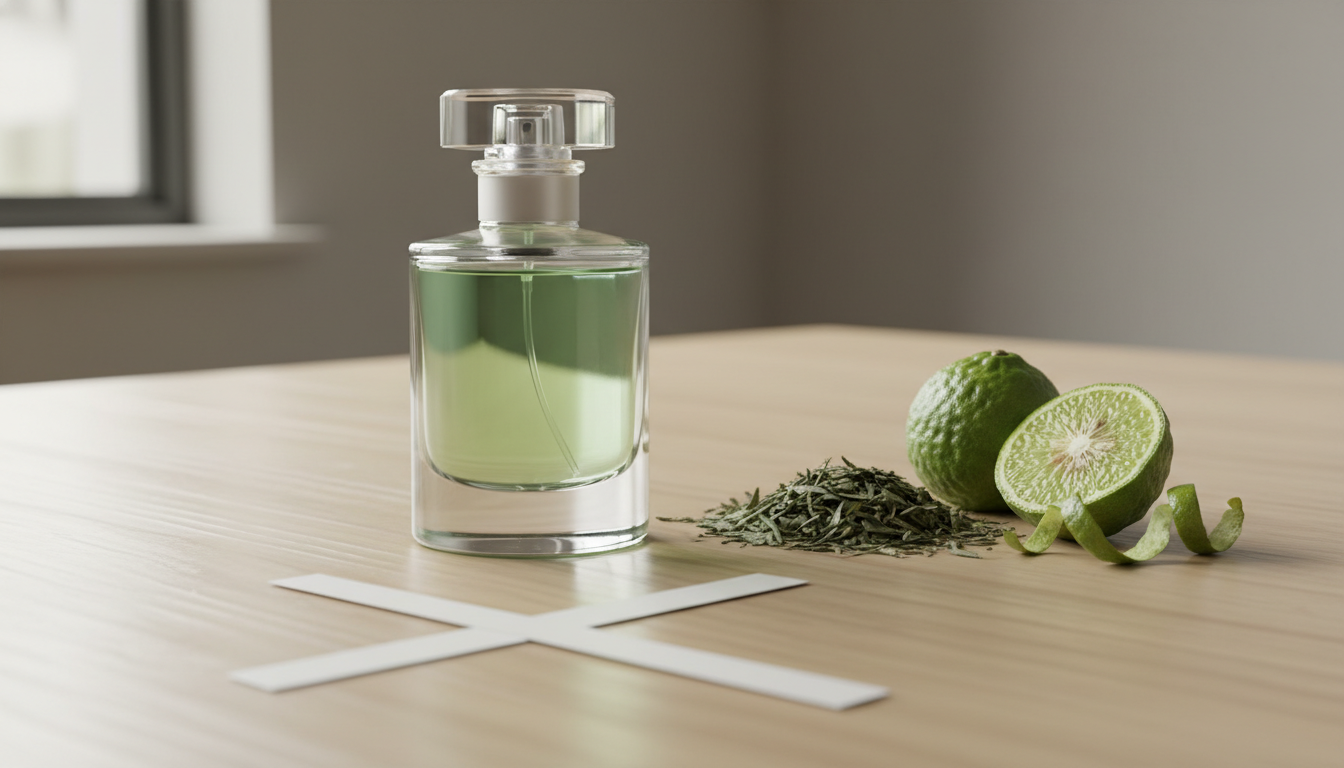 Still life editorial: frasco de perfume de vidro com líquido esverdeado sobre mesa de madeira, folhas de chá soltas, meia bergamota e tiras de tester – iluminação natural suave.