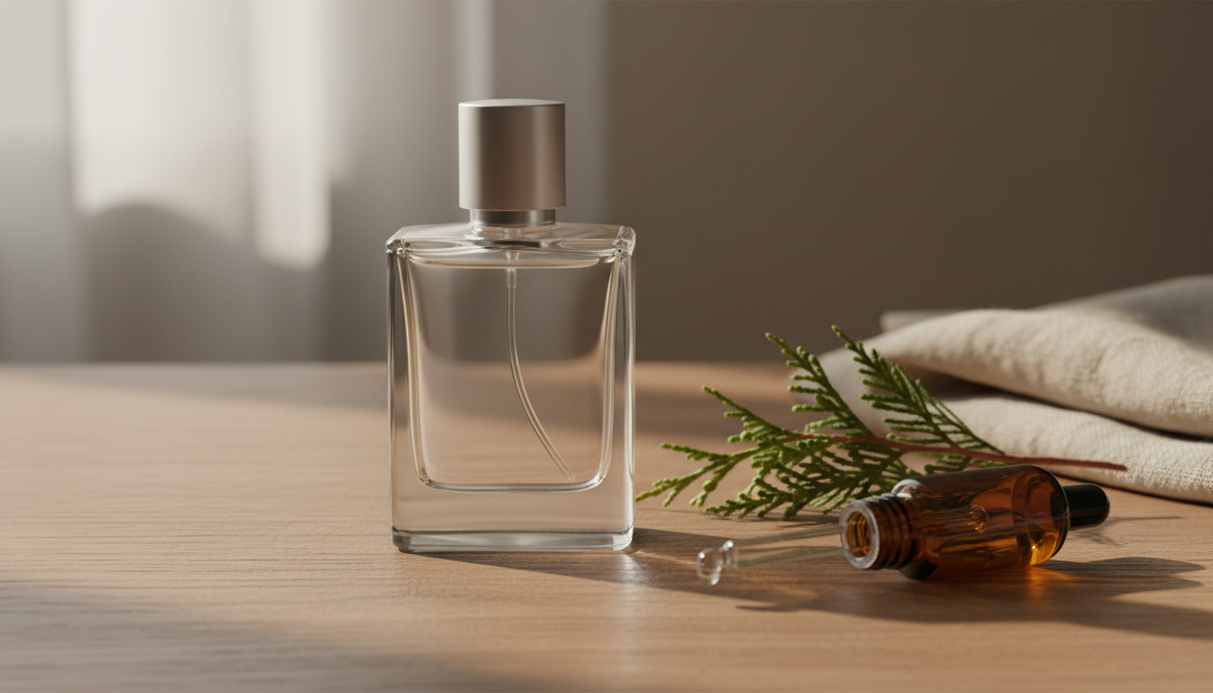 Garrafa de perfume de vidro sobre mesa de madeira com um ramo de cipreste ao lado e um pequeno frasco âmbar com conta‑gotas; iluminação natural e foco seletivo.