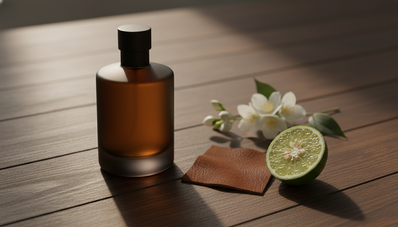 Garrafa de perfume de vidro escuro sobre mesa de madeira, com amostra de couro suede, ramo de jasmim e meia bergamota ao lado.