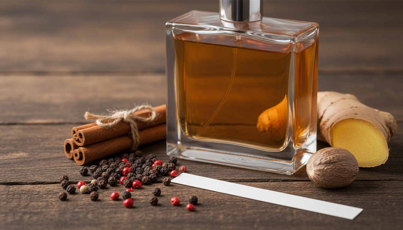Frasco de perfume editorial sem marca sobre mesa escura rodeado por canela em pau, pimenta preta e rosa, gengibre cortado e noz-moscada, com uma tira de papel olfativo ao lado.