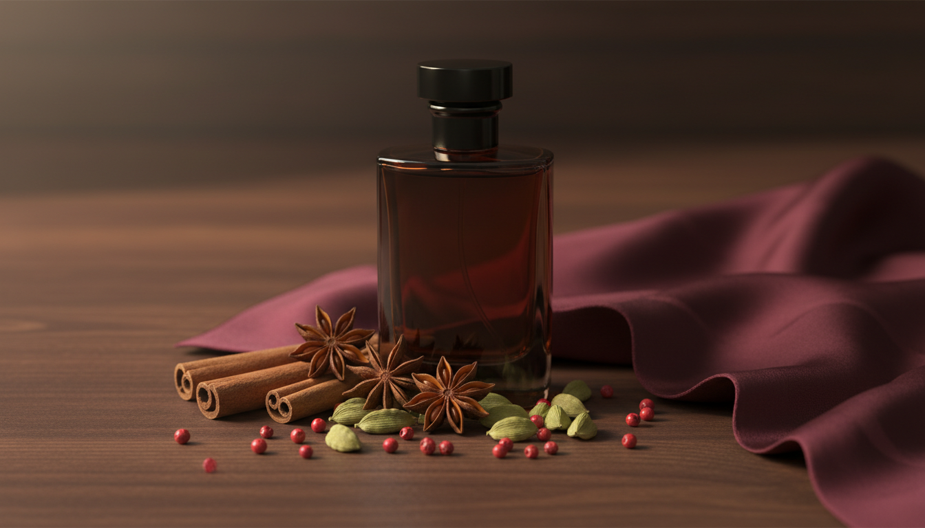 Frasco de perfume escuro sobre madeira, rodeado por canela em pau, anis-estrelado, vagens de cardamomo e pimenta-rosa, com um lenço de seda burgundy e iluminação quente e suave.