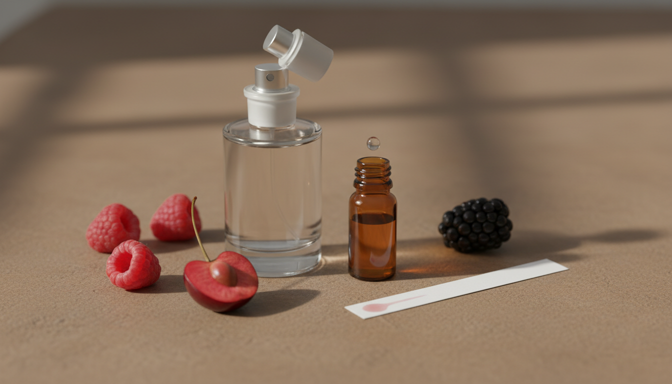 Still-life editorial com frasco de perfume sem marca, pequeno vial com gota, framboesas e meia-cereja sobre mesa de pedra e tira de papel de teste com mancha rosa.