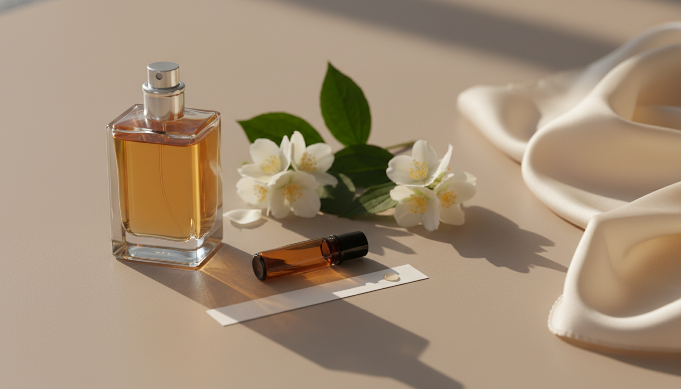 Composição editorial com frasco de perfume sem rótulo e líquido âmbar sobre bancada, ramos e pétalas de jasmim frescas, pequeno frasco de amostra e tira de teste com uma gota, tudo em luz natural suave.