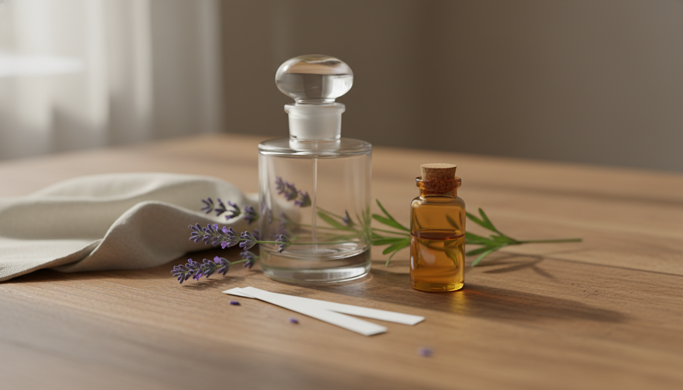 Composição editorial: frasco de perfume de vidro sem marca sobre mesa de madeira, ramos de lavanda frescos e pequeno frasco âmbar de óleo essencial, luz natural suave.