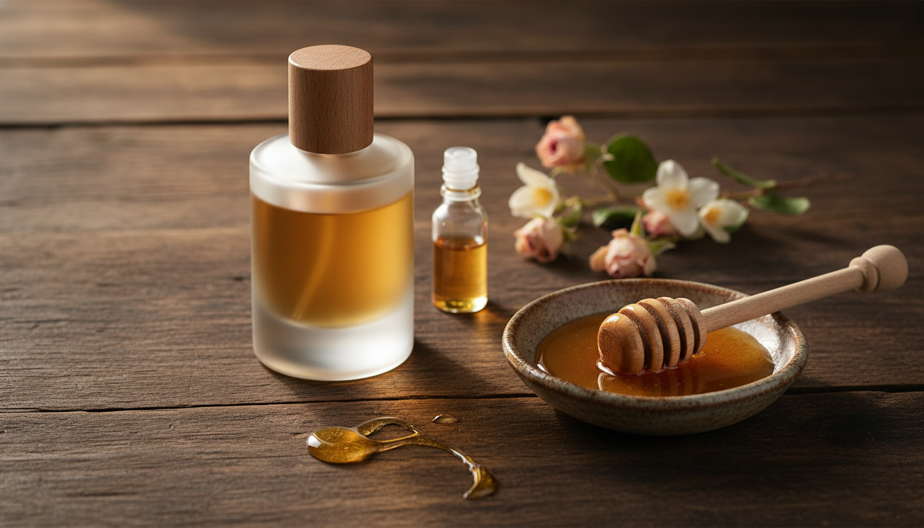 Composição editorial: frasco de perfume sem rótulo com líquido âmbar sobre mesa de madeira, decant pequeno com líquido âmbar, prato cerâmico com mel e colher de mel pingando, ramo seco ao lado.