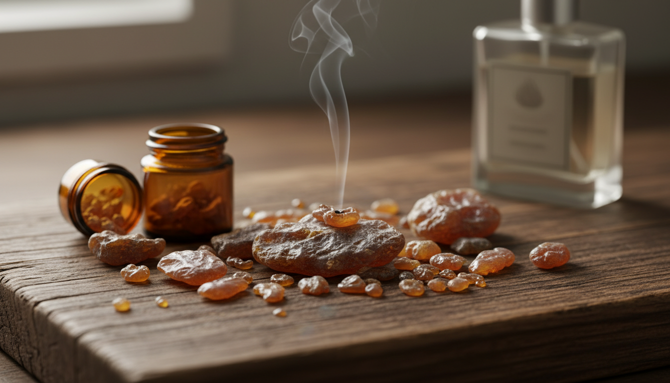 Natureza morta editorial com pedaços de resina de mirra sobre tábua de madeira, pote âmbar aberto, frasco de perfume vintage desfocado e fio de fumaça sutil.