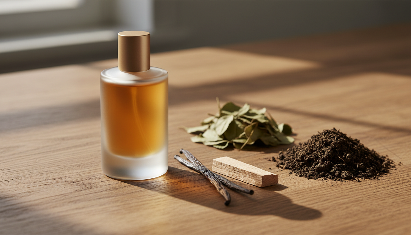 Garrafa de perfume sem marca sobre mesa de madeira, com folhas secas de patchouli, pequena porção de terra, fava de baunilha e pedaço de madeira — iluminação natural e composição editorial.