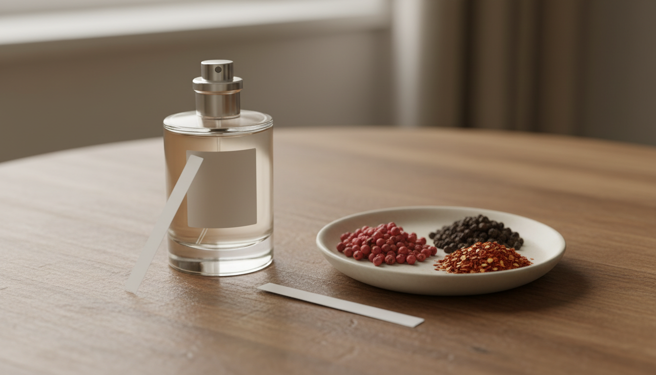 Foto editorial close-up: frasco de perfume neutro sobre mesa de madeira, prato cerâmico com pimenta rosa, pimenta-do-reino e flocos de pimenta, e uma tira de papel olfativo apoiada ao lado.