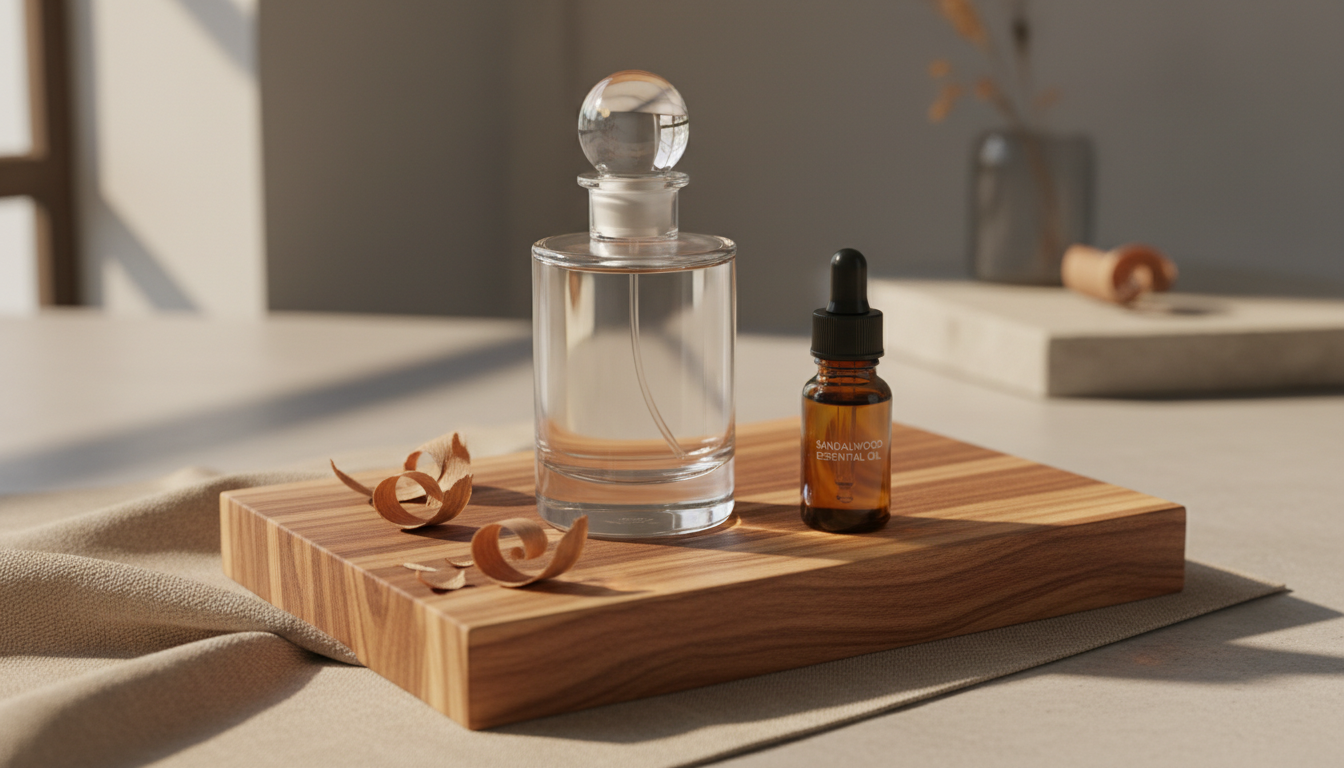 Frasco de perfume sem rótulo sobre um bloco de madeira de sândalo com lascas e um pequeno frasco âmbar de óleo, em ambiente editorial com pano de linho e superfície de pedra.
