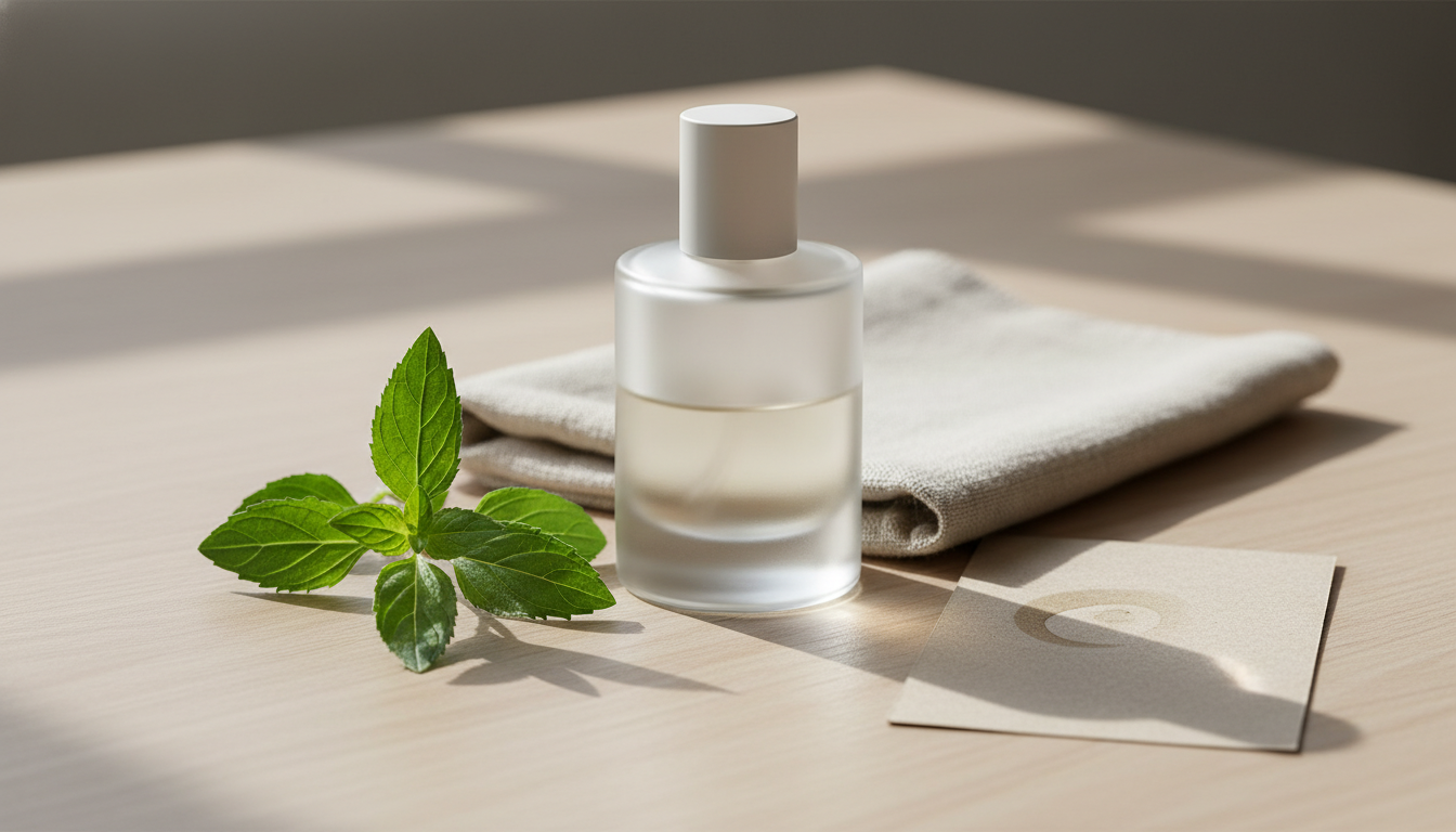Fotografia editorial de um frasco de perfume sem rótulo sobre mesa de madeira, com um ramo de folhas de verbena e uma tira de blotter ao lado, iluminação natural suave.