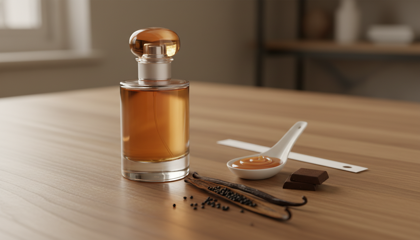Frasco de perfume sem rótulo sobre mesa de madeira, com tira olfativa, fava de baunilha partida, colher com caramelo e quadrado de chocolate; fotografia editorial com luz quente.