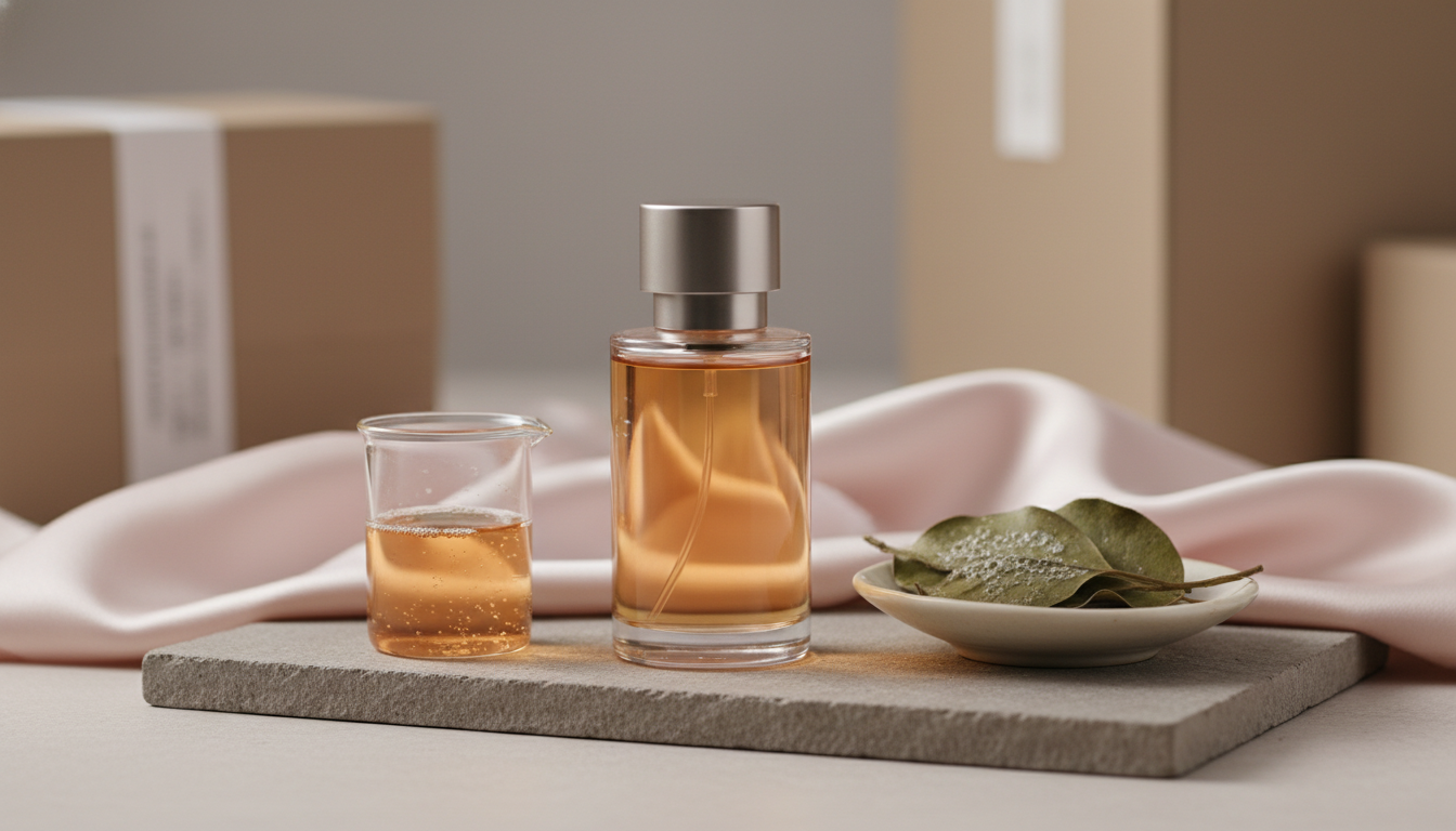 Frasco de perfume premium sobre base de pedra, ao lado de um pequeno béquer com líquido âmbar turvo e um prato com folhas fermentadas, fundo desfocado com tecido rosa suave.