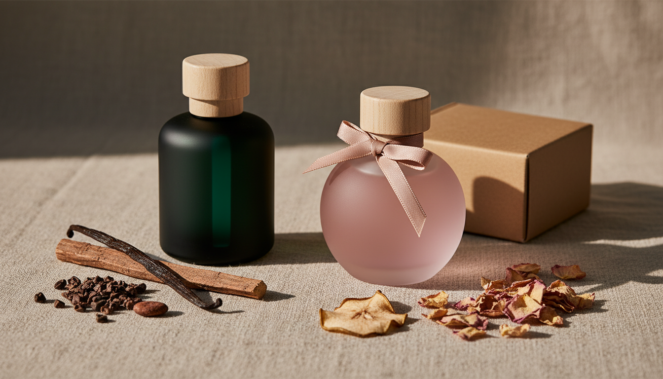 Foto editorial de dois frascos de perfume sobre tecido de linho; frasco escuro matte com fava de baunilha e nibs de cacau ao lado, frasco rosado com fatia de pêra e pétalas de rosa secas, e uma caixa kraft ao fundo.