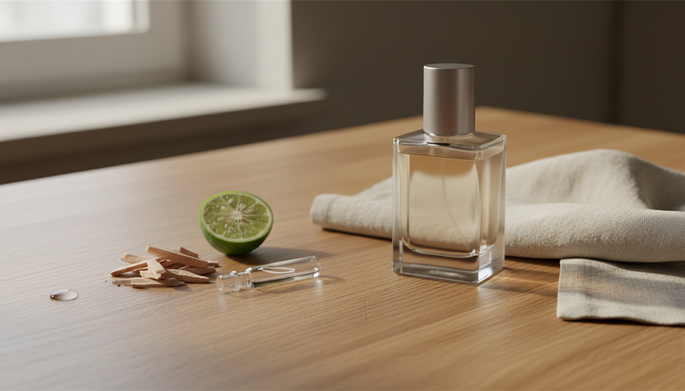 Frasco de perfume de designer não identificado sobre mesa de madeira com um pequeno frasco de amostra, lascas de sândalo e meia rodela de bergamota, iluminado por luz natural suave.