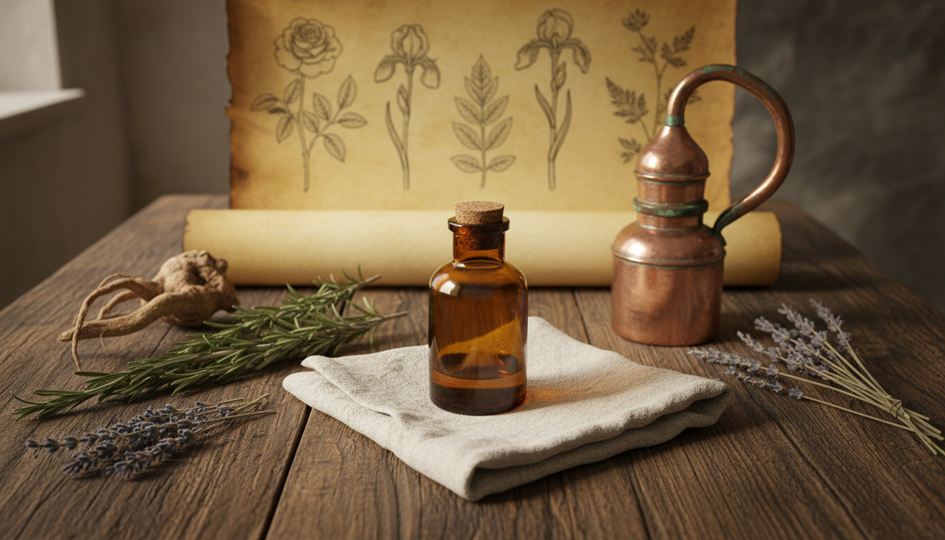 Bancada de boticário renascentista com frasco âmbar de perfume, pequeno alambique, raiz seca e ramos de ervas sobre madeira envelhecida.