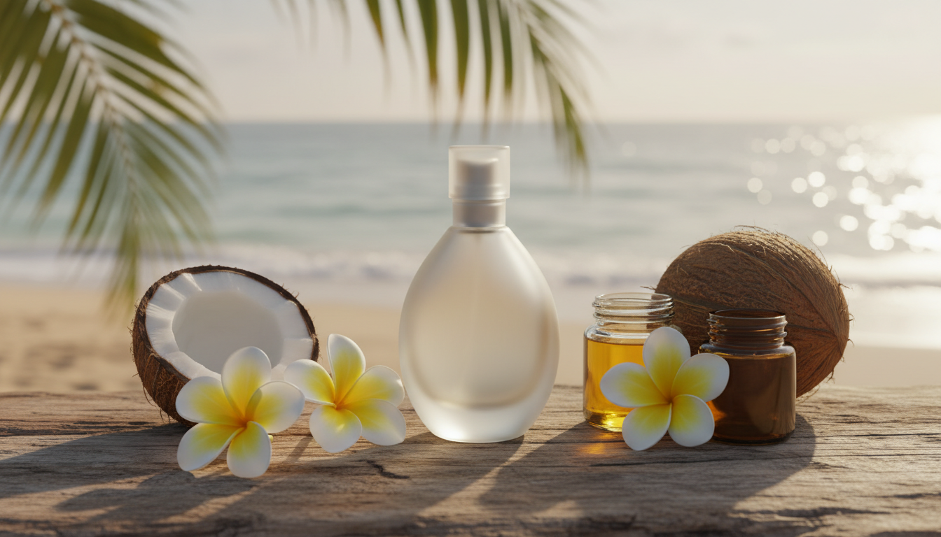 Natureza-morta editorial: frasco de perfume sem marca sobre tábua de madeira com flores de frangipani e tiaré e um coco partido, fundo de praia desfocado.