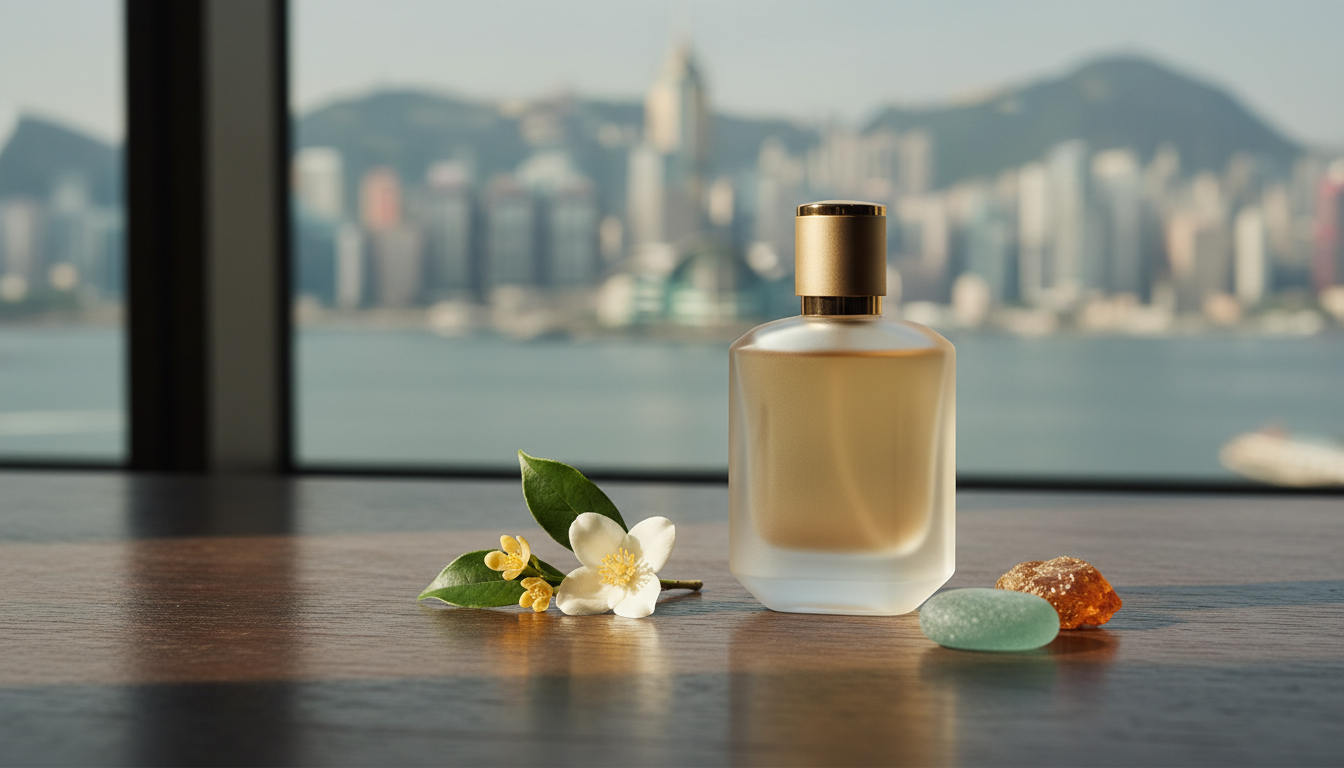 Frasco de perfume sem marca sobre mesa de madeira com flores de jasmim, um ramo pequeno de osmanthus, um pedaço de âmbar e seaglass; ao fundo, janela com vista desfocada do porto e skyline de Hong Kong.