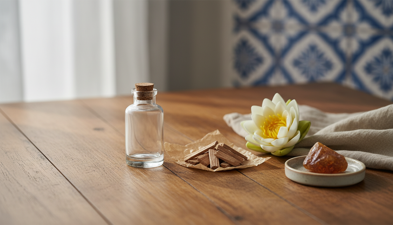Natureza morta editorial: frasco artesanal de perfume sobre mesa de madeira com chips de sândalo, flor de lótus e pedaço de âmbar, azulejo português desfocado ao fundo.