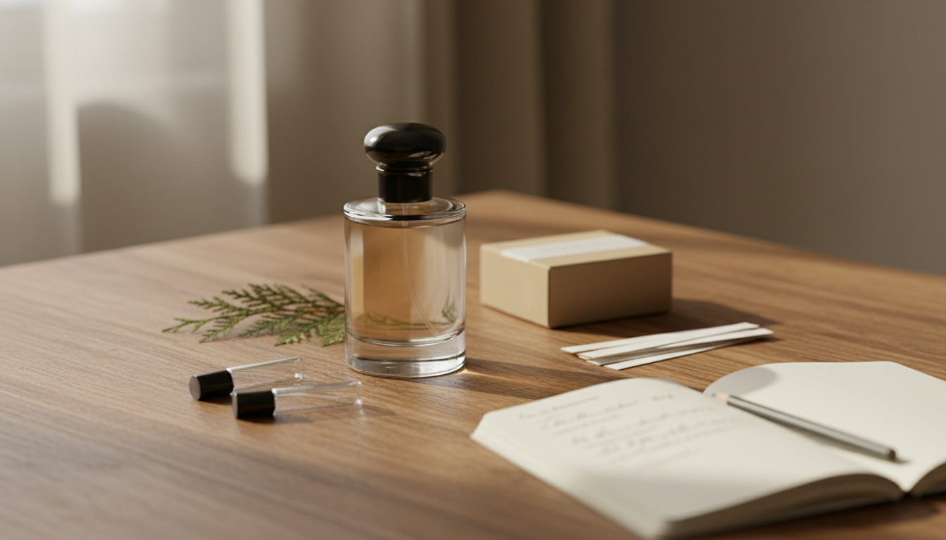 Still life editorial de perfumes independentes: frasco artesanal não rotulado, amostras (decants), caderneta com rabiscos não legíveis, tiras de papel e embalagem kraft sobre mesa de madeira com luz natural lateral.