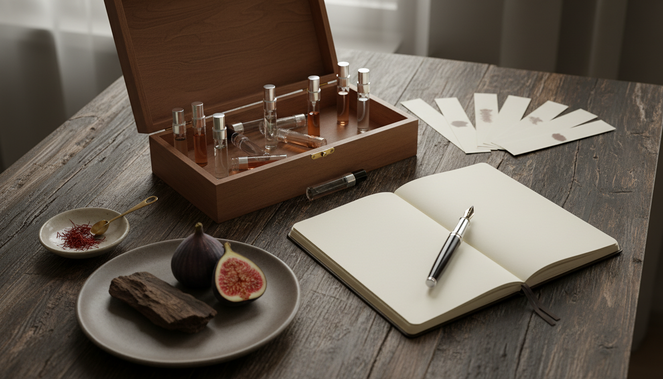 Cena editorial sobre mesa de madeira com caixa aberta de decants em vidro, tiras olfativas usadas, caderno em branco, fios de açafrão, pedaço de oud e meia fatia de figo, iluminada por luz natural.