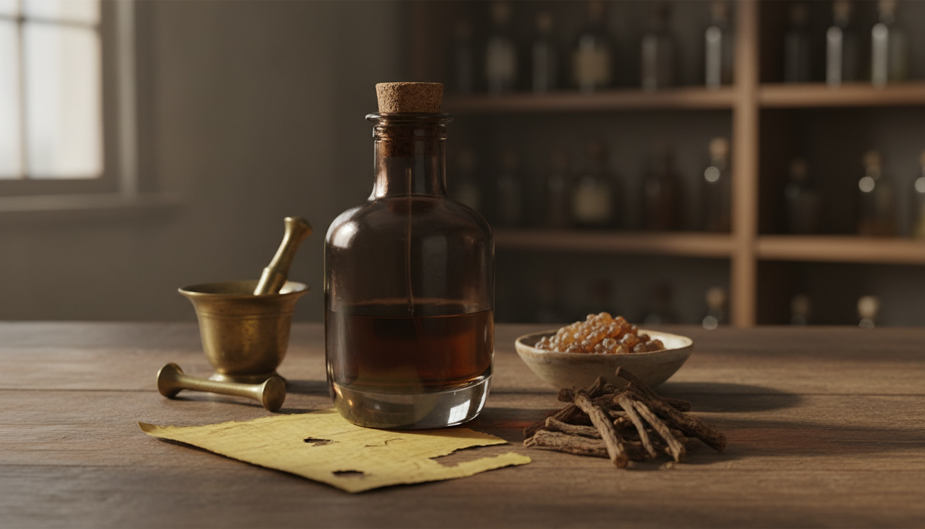Natureza-morta editorial com frasco antigo de perfume em vidro escuro sobre mesa de madeira, fragmento de papiro envelhecido sem escrita, tigela com resinas secas e um pequeno pilão de metal, iluminada por luz natural suave.