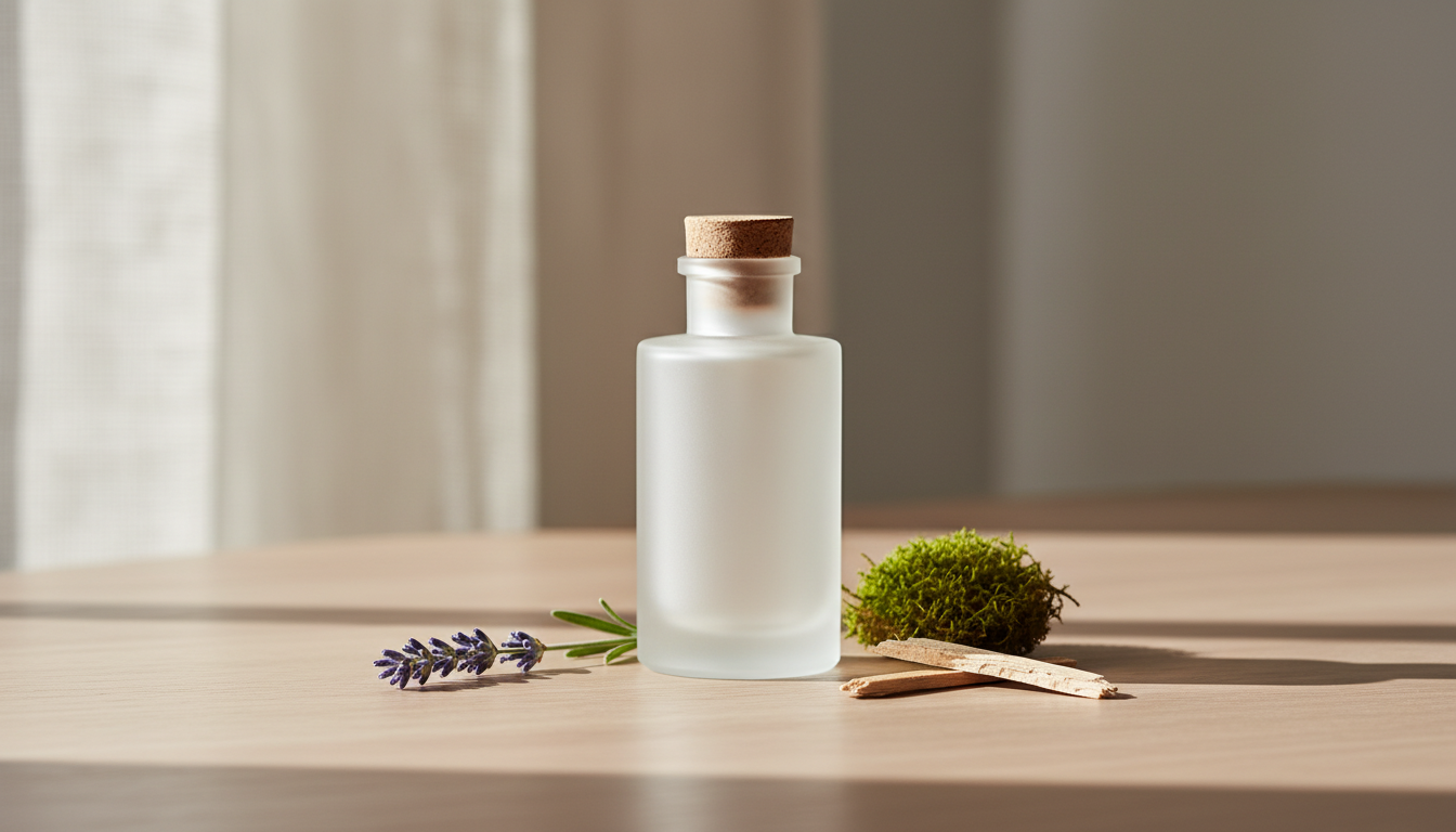 Frasco fosco de perfume minimalista sobre mesa de madeira clara, com ramo de lavanda e pequeno pedaço de musgo, iluminação natural suave.
