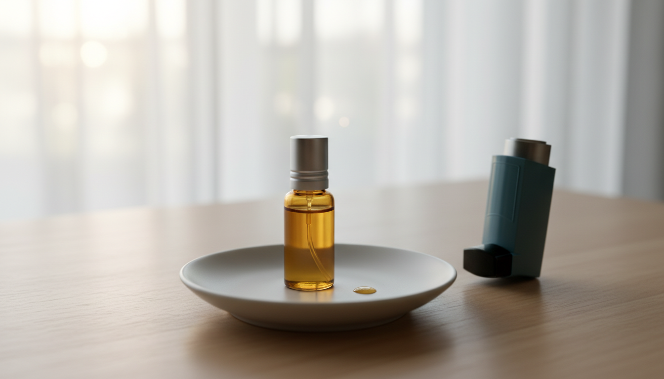 Amostra de perfume em decant sobre prato cerâmico, com um pequeno pingo visível; inalador para asma ao lado e janela aberta com cortina translúcida ao fundo, luz natural suave.