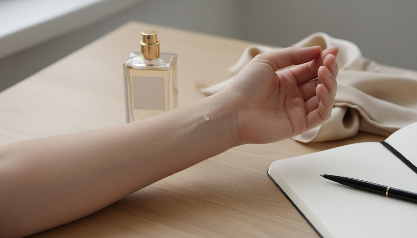 Antebraço apoiado sobre penteadeira com uma borrifada de perfume no pulso, frasco de vidro sem marca ao lado, lenço de seda e caderno em página em branco, iluminação natural suave.
