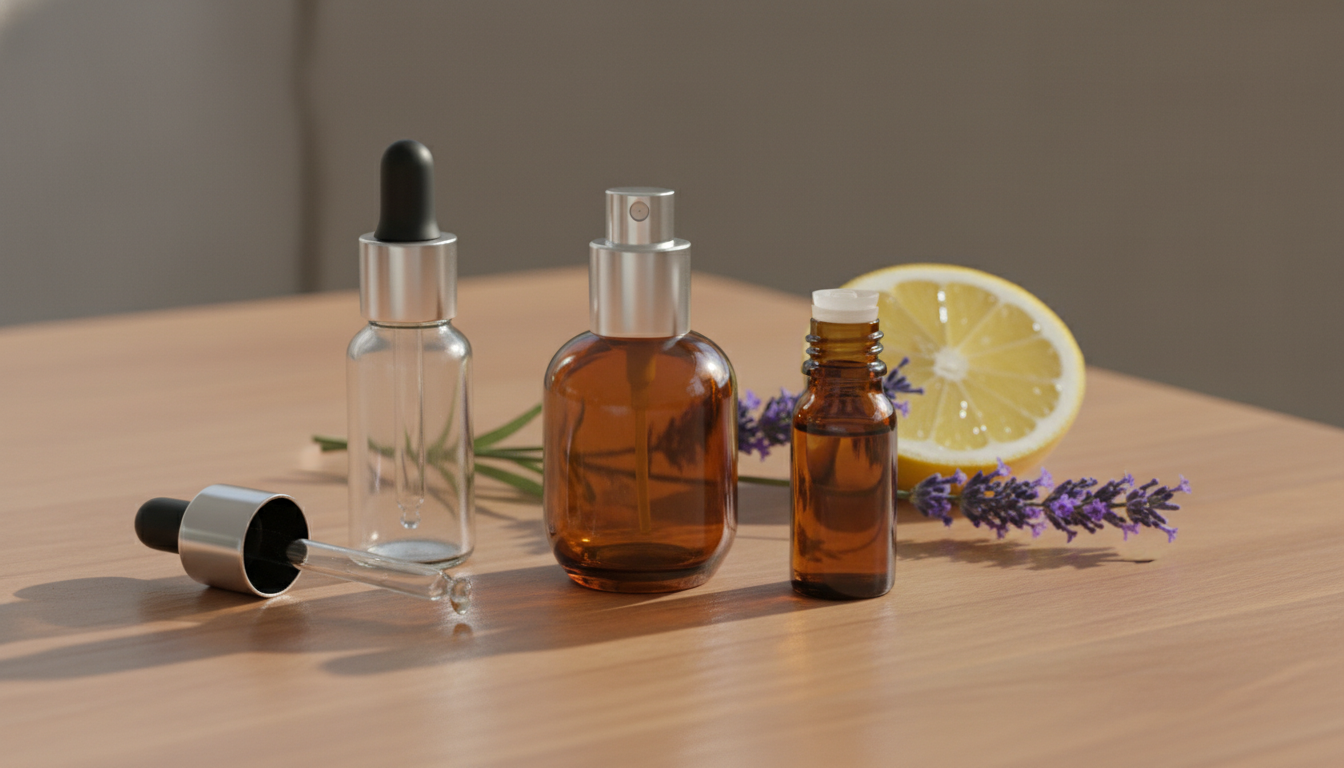 Frascos de perfume e óleo essencial âmbar sobre mesa de madeira, com ramo de lavanda e fatia de limão, luz natural suave.