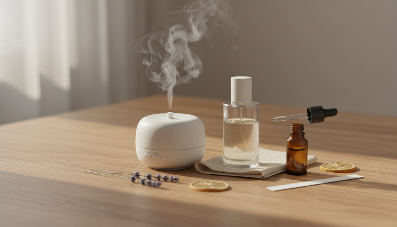 Mesa de madeira com um frasco de perfume sem marca sobre linho, difusor cerâmico liberando leve névoa, pequeno frasco âmbar de óleo essencial, uma tira de blotter, raminho de lavanda e uma fatia de bergamota.