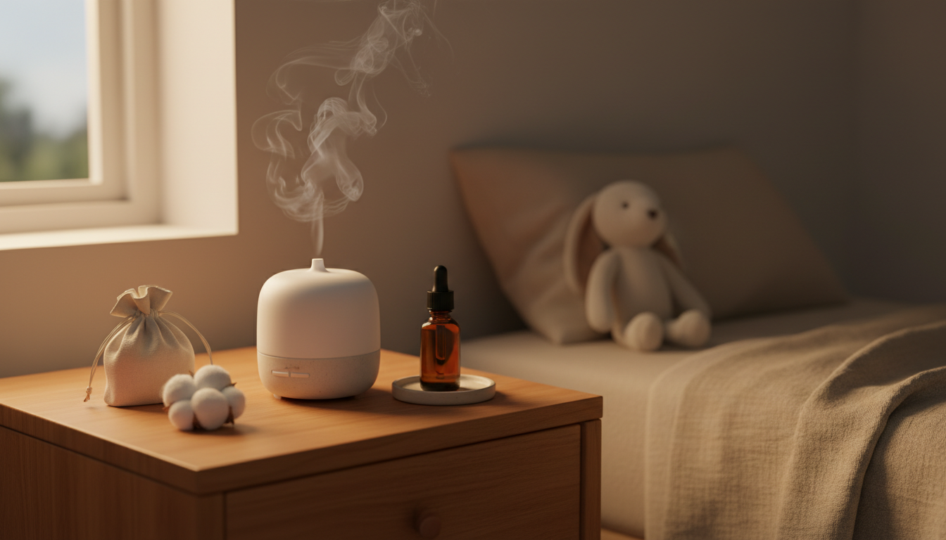 Difusor cerâmico emitindo vapor suave sobre um criado‑mudo de madeira em quarto infantil, com frasco âmbar sem rótulo e sachê de algodão ao lado, atmosfera aconchegante ao entardecer.