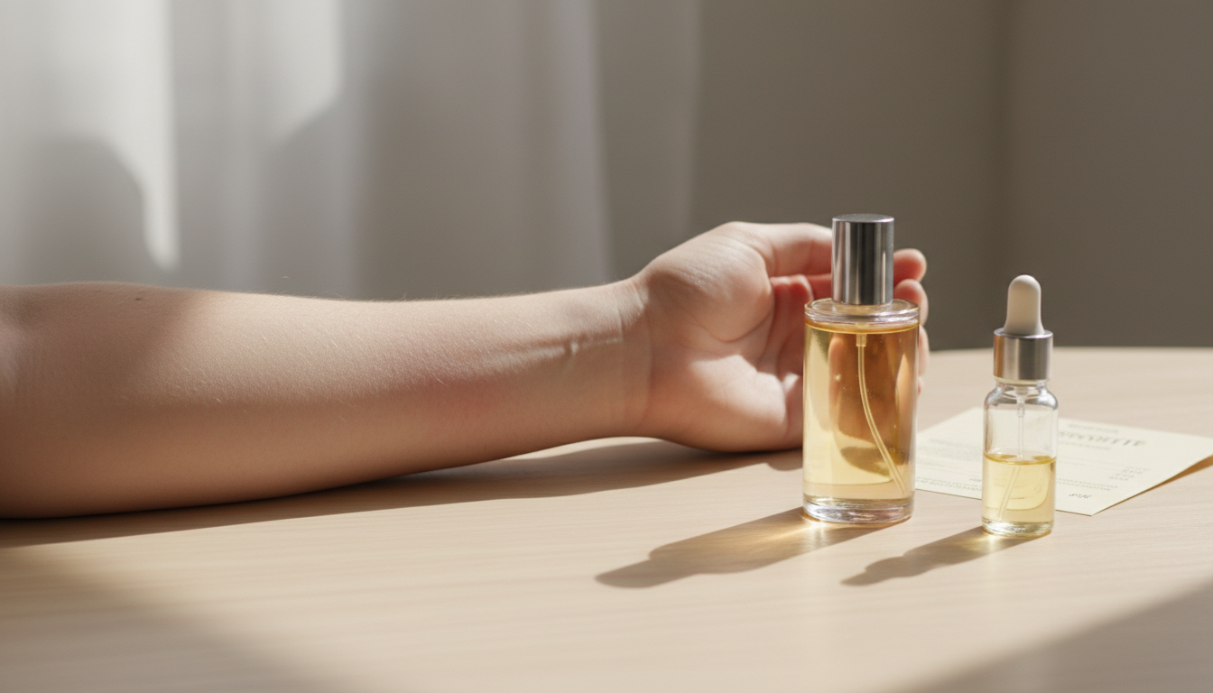 Close-up editorial de um antebraço apoiado sobre mesa de madeira com uma pequena área de vermelhidão discreta junto a um frasco de perfume transparente e um pequeno frasco conta-gotas de óleo; cartão com lista de ingredientes desfocado ao fundo.